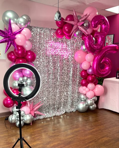 Pink Glitz And Glam Party Decorations, Pink And Silver Birthday Photoshoot, All Pink Party Decoration, Hot Pink And Silver Birthday Party, Barbie Backdrop Ideas, Pink Out Party Ideas, Pink 21st Birthday Ideas Decor, Pink Black And Silver Party Decor, 30 Shades Of Pink Party Ideas