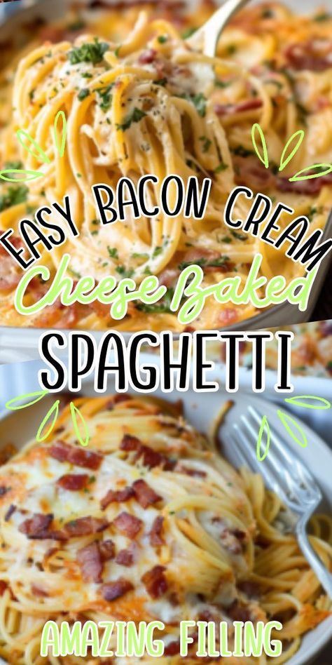 Easy Bacon Cream Cheese Baked Spaghetti—a decadent twist on a classic pasta dish that's sure to delight your taste buds. This creamy and flavorful recipe features al dente spaghetti coated in a rich cream cheese sauce, mixed with crispy bacon pieces, and baked to golden Cream Cheese Baked Spaghetti, Cheese Baked Spaghetti, Cream Cheese Sauce, Cheese Baked, Easy Bacon, Easy Cheese, Baked Casserole, Pasta Dinner Recipes, Baked Spaghetti