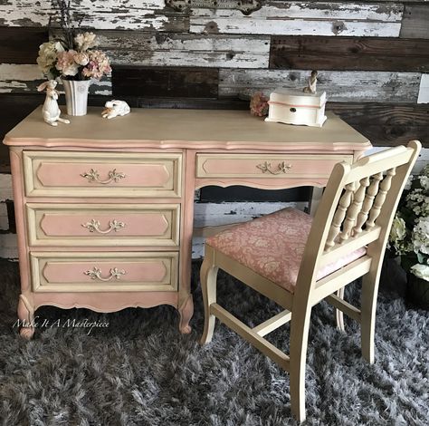 French Provincial Vanity Makeover, Pink Roll Top Desk, French Provincial Desk Makeover, Pastel Maximalist, Versailles Bedroom, Pink French Desk, Antique Desk Makeover, French Provincial Bedroom Furniture, Blush French Provincial Dresser