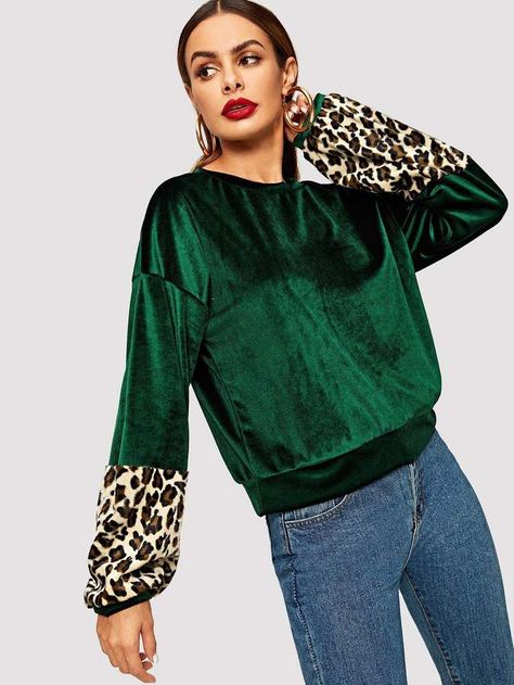 Shein Leopard Panel Velvet Sweatshirt Velvet Sweatshirt, Women Sweatshirts, Jean Trends, The Leopard, Cool Hoodies, Sweaters And Jeans, Shein Style, Casual Sweatshirt, Sweatshirt Fashion