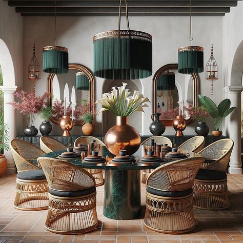 🇲🇽 My @giLherrera twist of Modern Mexican Hacienda Outdoor Dining to with a Cabo Touch (Copper vases, Porcelain Terracotta Dinnerware, Black Oaxaca Ceramic Pots, Rattan Dark Green Velvet Chairs, Tassel Chandeliers😘) EXCLUSIVELY at CoLores Decor 🥳♥️ . At CoLores Decor Our team is constantly experimenting with textures & “WOW” styles for a UNIQUE statement design for any room…Introducing TOP 🇲🇽 MeXican Artisan Design & CATAPULTING our culture’s Talent through the vision of our founder, GiL He... Terracotta Dinnerware, Modern Mexican Hacienda, Outdoor Pool Bar, Copper Vases, Green Velvet Chair, Mexican Hacienda, Boho Dining Room, Artisan Decor, Velvet Chairs