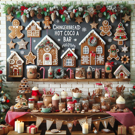 Hot Cocoa Bar Display, Christmas Wall Display, Cocoa Bar Christmas, Hot Cocoa Bar Christmas, Gingerbread Hot Cocoa, Bakery Shops, Gingerbread Christmas Tree, Bar Displays, Hot Cocoa Bar