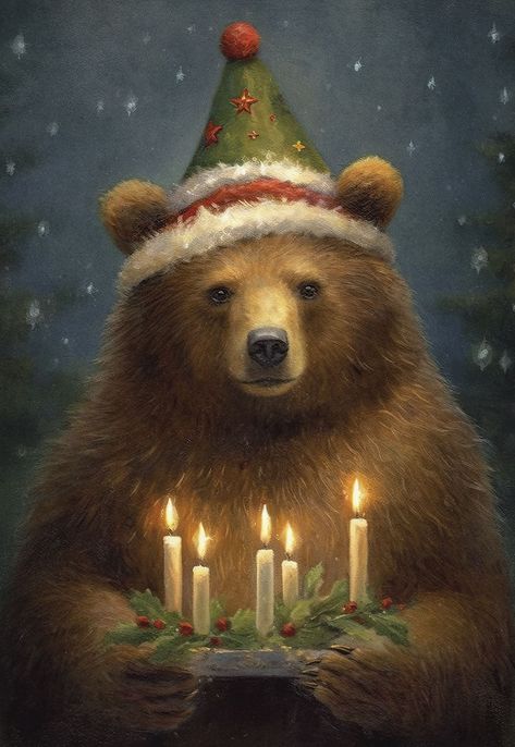 Bear with Christmas Hat Holding Candles Boxed Glitter Cards Pollyanna Gift, Polar Bear Card, Bear Portrait, Saint Lucy, Polar Bear Ornaments, Bear Pillow, Bear Card, Christmas Coasters, Christmas Mouse