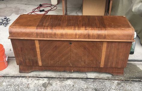 Upcycle Cedar Chest Ideas, Redo Chest Trunk, Add Cushion Top To Cedar Chest, Redoing An Old Cedar Chest, Cedar Chest Styling, Refinishing Cedar Chest, Refurbished Cedar Chest Ideas, Waterfall Cedar Chest Makeover, Old Cedar Chest Makeover