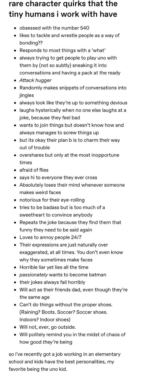 Writing Attraction Between Characters, Physical Features To Give Characters, Character History Ideas, Fun Facts For Characters, Weird Character Traits, Ways For Your Characters To Meet, Weird Habits For Characters, Character Habits And Mannerisms, Things To Give Your Characters