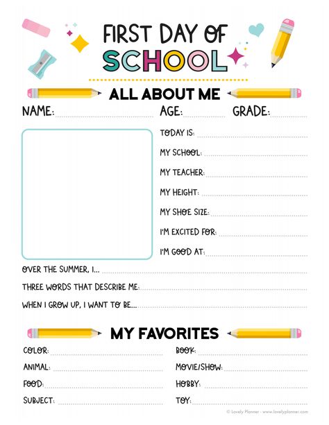 PDF - First and Last Day of School Interviews - by Lovely Planner.pdf First Day Of Primary School, First Day Of School Interview, Classroom Objects, School Interview, Free Homeschool Printables, Words That Describe Me, Homeschool Printables, Free Homeschool, Planner Pdf