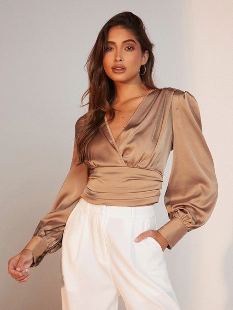 SHEIN Surplice Neck Lantern Sleeve Satin Top | SHEIN EUR Satin Tops Blouses Long Sleeve, Satin Tops Blouses, Top Of Shoulder Tattoo, Satijnen Blouses, Satin Blouse Outfit, Nightout Outfit, Satin Tops, Satin Lehenga, Top Summer Outfits