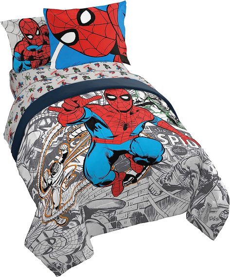 Marvel Spiderman Spidey VS 7 Piece Full Size Bed Set - Includes Comforter & Sheet Set Bedding - Super Soft Fade Resistant Microfiber (Official Product Spiderman Bed, Blue Spiderman, Full Size Bed Sets, Gingham Sheets, Vibrant Bedding, Queen Size Bed Sets, Spiderman Web, Kids Comforters, Twin Comforter Sets