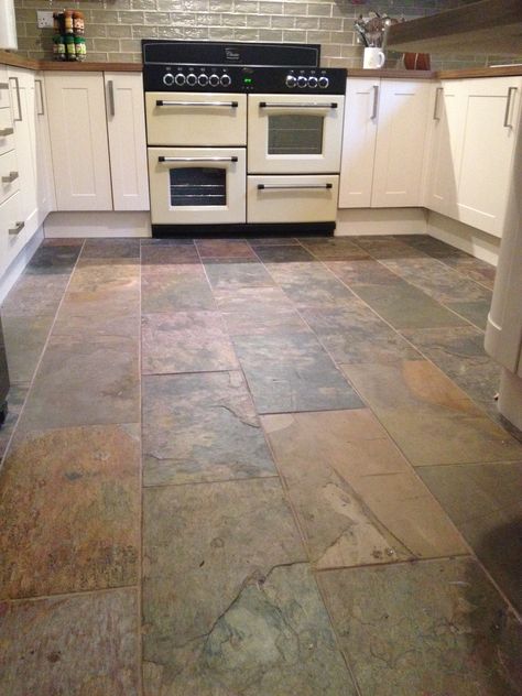 Our Sheera 600x300mm Natural Stone Tiles look wonderful in this kitchen design. The autumnal colour looks fantastic with the cream doors and oak worktops selected by Anna Masselink. White Kitchen Slate Floor, Kitchen Slate Tile Floor, Slate Tile Kitchen Floor, Kitchen With Slate Floor, Kitchen Slate Floor, Slate Tile Floor Kitchen, Stone Kitchen Floor, Concrete Kitchen Floor, Slate Floor Kitchen