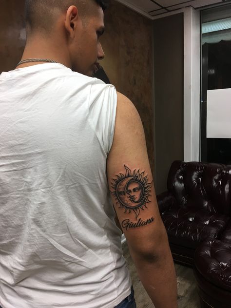 Sun and moon tricep tattoo idea contact owner kelvin Mcclendon on ig. KelvinMcclendon Moon Tricep Tattoo, Men Sun And Moon Tattoo, Sun Tattoo Tricep, Sun And Moon Tricep Tattoo, Lower Tricep Tattoo, Sun And Moon Tattoo Men, Sun And Moon Tattoo For Men, Triceps Tattoo Men, Sun Tattoo Men