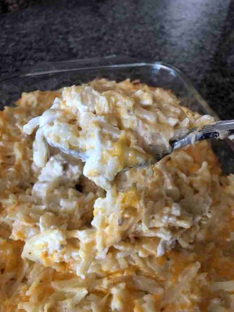 Try this easy and cheesy Hash Brown Casserole Recipe. So simple and quick to put together with just 5 basic ingredients including sour cream, cream cheese, frozen shredded hash browns and cream of chicken soup. A perfect side dish for holidays or a BBQ. The best side dish around. #hashbrowncasserole #easyrecipe #easysidedish #sidedish #potatodish #hashbrowns #bbq Hashbrown Casserole With Cream Cheese, Party Potatoes With Hashbrowns, Frozen Shredded Hashbrown Recipes, Hash Brown Casserole Recipe, Shredded Hash Brown Casserole, Shredded Hashbrown Recipes, Hash Brown Potato Soup, Frozen Hashbrown Recipes, Cheese Hashbrown Potatoes