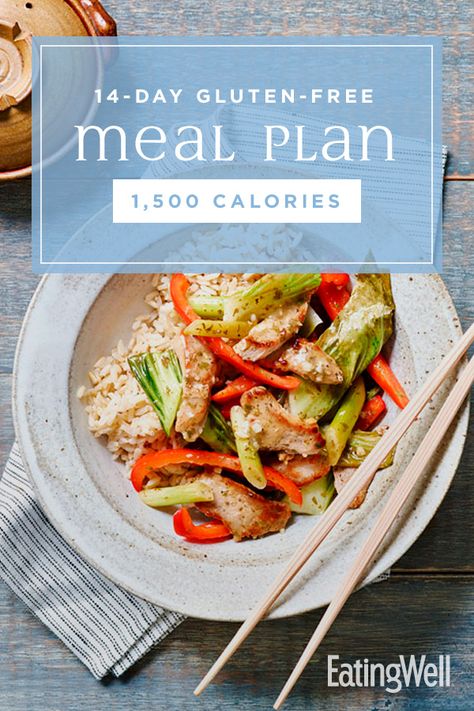 Following a gluten-free diet is easy and delicious with this 14-day, 1,500-calorie meal plan. We've done the hard work of planning for you and mapped out 14 full days of meals and snacks that are free of gluten and gluten-containing ingredients and are balanced for a healthy diet. #mealplan #mealprep #healthymealplans #mealplanning #howtomealplan #mealplanningguide #mealplanideas #recipe #eatingwell #healthy 1600 Calorie Meal Plan Gluten Free, Low Carb Gluten Free Meal Plan, 1800 Calorie Meal Plan Gluten Free, 1500 Calorie Meal Plan Gluten Free, 1500 Calorie Meal Plan Gluten Dairy Free, Gluten Free Calorie Deficit Meal Plan, Gluten Free Diet Meal Plan, 1300 Calorie Meal Plan, 1600 Calorie Meal Plan