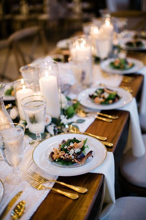 Gold rim plates, napkin placement Wedding Place Setting With Salad, Preset Salad Wedding Table, Salad Wedding, Gold Rim Plates, Salad Table, Event Layout, Nashville Wedding Venues, Reception Food, Wedding Crest