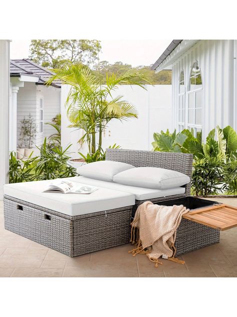 Outdoor Rattan Lounge Chair With 2 Side Tables, Multifunctional Outdoor Patio Daybed With Footrest, Cushions, Storage Ottoman,Chaise Lounge Chair For Backyard Porch PoolsideI discovered amazing products on SHEIN.com, come check them out! Storage Daybed, Daybed Outdoor, Wicker Daybed, Patio Lounge Furniture, Star Gaze, Daybed Sets, Spacious Sofa, Rattan Daybed, Lounge Bed