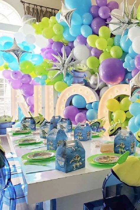 Two Year Old Buzz Lightyear Party, Buzzlight Year Party Ideas, Buzz Lightyear 1st Birthday, Buzz Lightyear Dessert Table, Two Infinity And Beyond Birthday Buzz, Buzz Lightyear Decor, Buzz Lightyear Table Decorations, Buzz Light Year Birthday Party Ideas, Buzz Lightyear Party Ideas