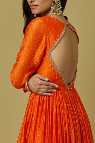 Shop for Ikshita Choudhary Orange Chanderi Printed Anarkali for Women Online at Aza Fashions Anarkali Back Neck Designs Latest, Anarkali Dress Back Neck Designs, Orange Anarkali Dress, Bandhani Anarkali Dress, Ikshita Choudhary, Backless Anarkali, Bandhani Dress Pattern, Bandhani Anarkali, Orange Anarkali