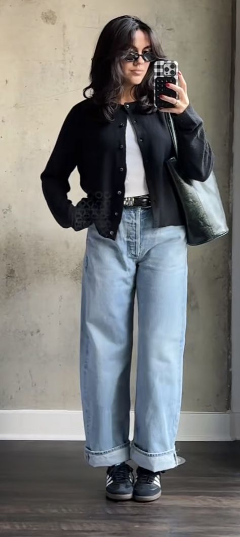 Dark Wash Jeans Outfit Fall, Light Wash Wide Leg Jeans Outfit, Dress And Loafers Outfit, Dark Wash Jeans Outfit, Samba Fits, Cuffed Jeans Outfit, Dark Washed Jeans Outfit, Baggie Jeans Outfit, Cropped Denim Jacket Outfit