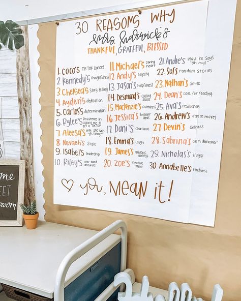 Haylee Harwick | Teacher on Instagram: “I am thankful for each and every one of my students, nuff said ✨⠀⠀⠀⠀⠀⠀⠀⠀⠀ ⠀⠀⠀⠀⠀⠀⠀⠀⠀ Saw @fairchildin5th post this and knew I had to put it…” Teacher Reasons To Be Thankful Poster, Reasons Im Thankful For My Students, Thankful Classroom Poster, Reasons I’m Thankful Classroom, Thankful Teacher Anchor Chart, Thankful For Students From Teacher, Thankful For Students Anchor Chart, Thankful Quilt Classroom, Teacher Thankful For Students