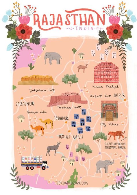 All India Travel Map, Rajasthan Poster Design, Rajasthan Map Illustration, India Travel Journal Ideas, Rajasthan Doodle, India Illustration Doodles, India Map Illustration, Rajasthan Poster, Rajasthan Illustration