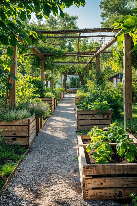 Big Veggie Garden, Dream Veggie Garden, Rustic Garden Pergola, Gardening Space Ideas, Garden With Vegetable Patch, Farm Style Garden Ideas, Country Backyard Ideas Landscaping, Home Veggie Garden Aesthetic, Urban Veggie Garden