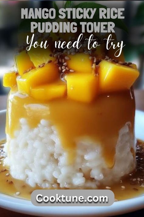 A delightful tropical dessert featuring sweet glutinous rice topped with ripe mango and a luscious coconut sauce. Sticky Rice Pudding, Creamy Coconut Sauce, Popcorn Chocolate, Chocolate Dome, Tropical Desserts, Mango Sticky Rice, Coconut Pudding, Coconut Sauce, Mango Coconut