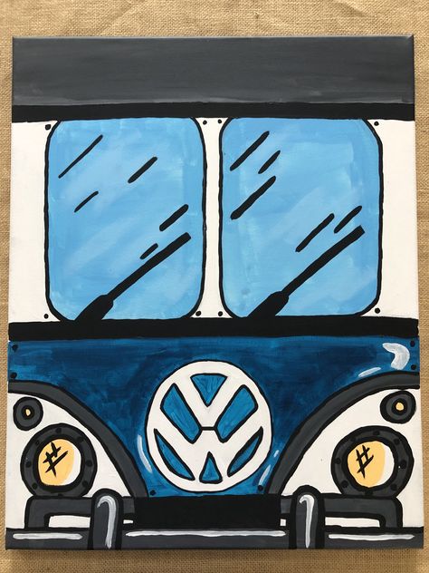 Car Paintings Easy, Car Canvas Painting, Car Window Painting Canvas, Volkswagen Painting Canvas, Volkswagen Van Painting, Volkswagen Van Wall Art Nursery, Volkswagen Car, Cartoon Painting, Cute Canvas Paintings