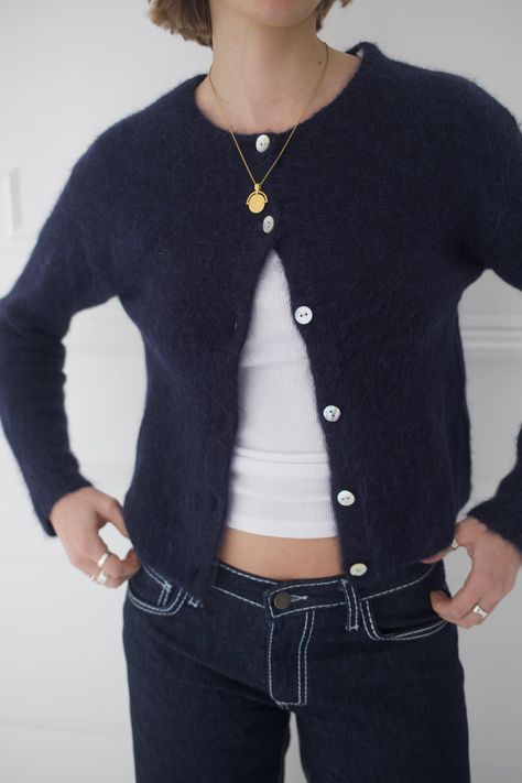 Our new Elsa Cardigan made from the softest alpaca yarn and finished with beautiful mother of pearl buttons. The most perfect trans-seasonal, versatile piece to add to your wardrobe to take you through the seasons. Casual Winter Fits, London Clothes, Navy Outfit, London Outfit, Alpaca Yarn, Cardigan Outfits, School Fits, Mode Streetwear, Pearl Buttons