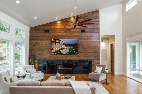 Wood Feature Wall Living Room, Angled Ceiling Living Room, Wood Paneling Living Room, Wood Walls Living Room, Wood Feature Wall, Wooden Accent Wall, Neutral Contemporary, Vaulted Ceiling Living Room, Cedar Walls