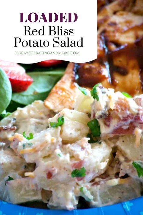 Loaded Red Bliss Potato Salad made with Red Bliss potatoes, a creamy dijon dressing, bacon, green onions, and cheese make this a potato salad you’ll want to make all summer long! It's great as a side for your favorite grilled chicken or steak! Steak Potato Salad, Red Bliss Potato Salad, Red Bliss Potato Recipes, Red Potato Salad With Bacon, Bacon Potato Salad Recipe, Roasted Red Skin Potatoes, Red Skin Potato Salad, Oatmeal Cookie Recipes Healthy, Loaded Potato Salad