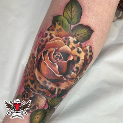 Leg Tattoos Women Leopard, Leopard Rose Tattoo, Cheetah Sleeve Tattoos For Women, Leopard Print Rose Tattoo, Leopard Tattoo On Leg, Leopard And Flower Tattoo, Watercolor Leopard Print Tattoo, Leopard Print Tattoo For Women, Leopard Print Tattoo Sleeve