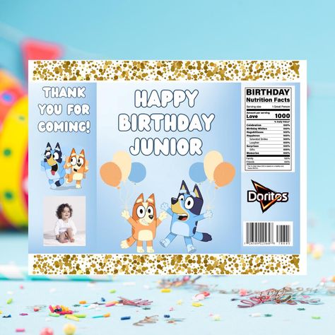 Throw a paw-some Bluey-themed birthday party with our Bluey Chip Bag Template! Perfect for both boys and girls, this digital template lets you create custom chip bag labels that will add the perfect touch to your celebration. Designed to be easily edited in Canva, this Editable Template allows you to personalize the design with your child's name, age, and other party details. Simply download the template, make your edits, and print it out! These Bluey Chip Bag Labels are great for party favors, Chip Bag Template, Bag Template, 2 Birthday, 100th Birthday, Party Details, Party Needs, Girl Birthday Party, Favor Bag, Party Bags