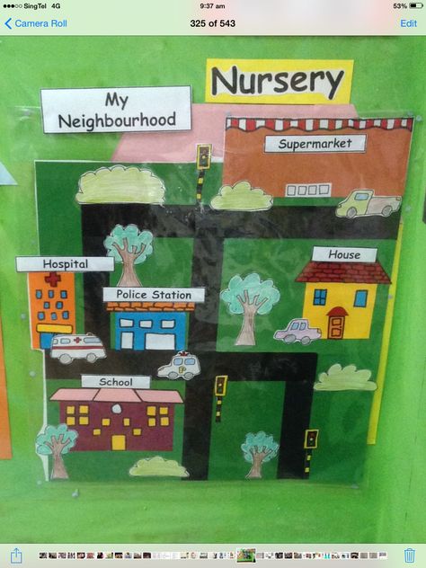 My neighbourhood theme board My Neighborhood Preschool Theme Activities, Neighbourhood Theme Boards, My Neighbourhood Crafts Preschool, Neighbourhood Theme Preschool, Neighborhood Project For Kids, My Neighborhood Preschool Theme, Art Projects For Toddlers, Class Board Decoration, Projects For Toddlers