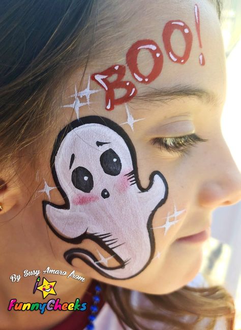 Halloween face painting Ghost Face Painting, Nem Halloween Makeup, Ghost Face Paint, Kids Halloween Face, Face Painting Halloween Kids, Easy Halloween Face Painting, Face Painting Ideas For Kids, Easy Face Painting Designs, Halloween Face Painting