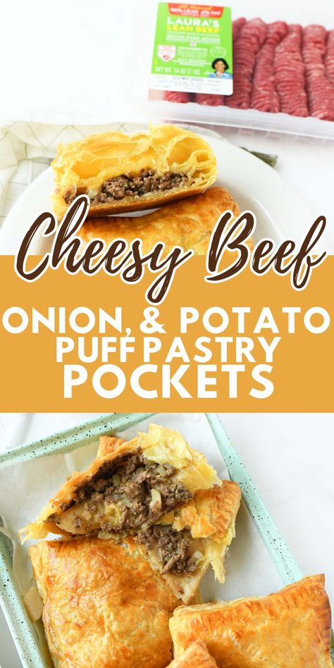 Golden-brown puff pastry pockets filled with ground beef and cheese. Beef And Puff Pastry Recipes, Beef Puff Pastry Recipes, Potato Puff Pastry, Puff Pastry Beef, Puff Pastry Dinner, Savory Hand Pies Recipes, Beef Pasties, Philo Dough, Bunco Food