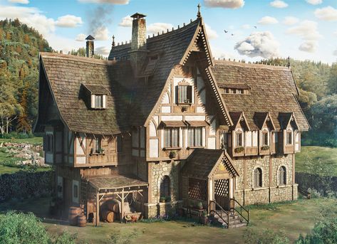 Medieval Tavern Exterior, Fantasy Tavern Exterior, Medieval House Exterior, Tavern Exterior, Tavern Aesthetic, Medieval Builds, Medieval Environment, Tudor Decor, Tiny Glade