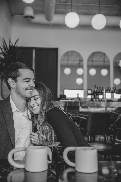 Couple Photos In Coffee Shop, Couple Photography Poses In Cafe, Coffee Shop Photo Shoot Couple, Cute Couple Photos In Cafe, Engagement Pictures Coffee Shop, Engagement Pictures Indoors, Coffee Engagement Shoot, Coffee Prenup Ideas, Coffee Shop Wedding Photos