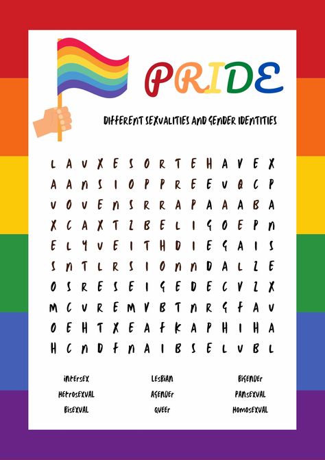 Sexualities & Gender Identities Lgbtqia+ Flags, Pride Month Bulletin Board, Pride Crafts, Gender Identities, Pride Quotes, Lgbtq Quotes, Lgbtq Funny, Lgbtq Flags, Word Searches