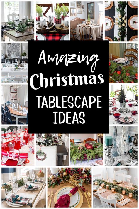 A collage of images of various kinds of Christmas table decorations. Simple Holiday Table Settings, Classic Christmas Tablescapes, Round Table Christmas Tablescapes, Simple Holiday Tablescapes, Christmas Table Scapes Centerpieces, Christmas Table Scape Ideas, Christmas Tablescapes Round Table, Christmas Table Settings Round Tables, Simple Christmas Tablescapes