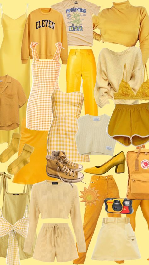 Yellow Fashion Aesthetic Vintage, Yellow Coordinates Outfit, Yellow Colour Outfits, Lemon Aesthetic Outfit, Colors That Go With Yellow Clothes, Suncore Aesthetic Outfits, Arthoe Outfit Aesthetic, Cute Yellow Outfits Aesthetic, Aesthetic Outfits Yellow