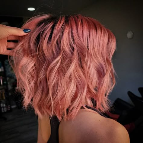 Pastel Peach Pink Hair, Peach Balayage Hair, Peach Bellini Hair, Peachy Rose Hair, Coral Hair Dark Roots, Coral Colored Hair, Peach Dyed Hair, Peach Coral Hair, Rose Peach Hair