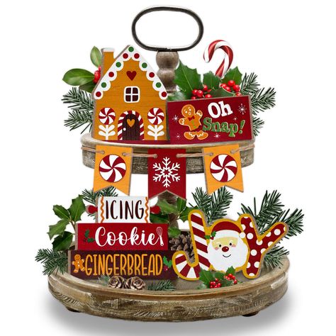 PRICES MAY VARY. Christmas Tiered Tray Decorations Set: Our gingerbread tiered tray decor includes 7 pcs cute style wooden signs: 1 pcs "JOY" candy cane Santa Claus sign, 1 pcs "Oh Snap!" gingerbread man sign, 1 pcs cute gingerbread house shaped wood sign, 1 pcs "ICING Cookie GINGERBREAD" sign, 2 pcs Christmas candy mini sign and 1 pcs snowflake mini banner. The cute Xmas gingerbread tray decor will give you a warm and fun atmosphere on Christmas. The tiered tray is NOT included Upgrade Quality Gingerbread Theme Table Decorations, Gingerbread Christmas Tree Decor, Gingerbread Tiered Tray Decor, Wooden Tray Decor, Gingerbread Sign, Christmas Tray Decor, Xmas Gingerbread, Man House, Cookie Gingerbread