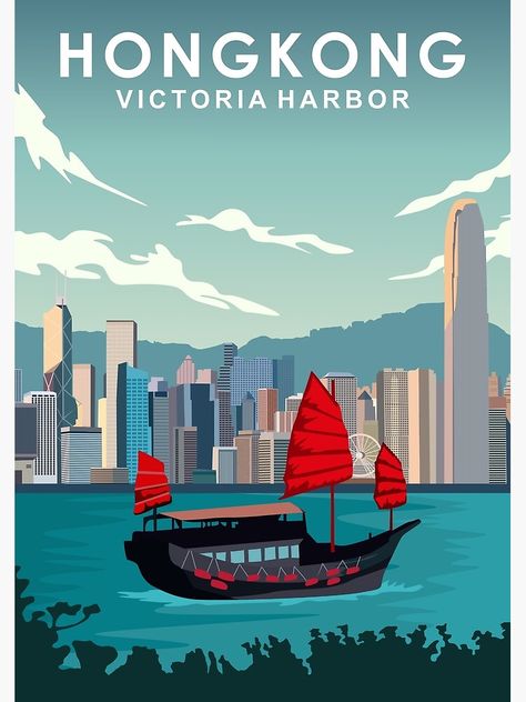 Hong Kong Print, Hongkong Travel, Wanderlust Decor, Victoria Harbour, Travel Poster Design, Hong Kong Travel, Retro Travel Poster, Singapore Travel, Postcards For Sale