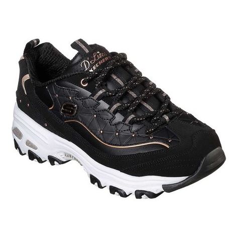 Women's Skechers D'Lites Glamour Feels Sneaker - Black/Rose Gold Walking Shoes Black Lace-up Sneakers With Cushioned Footbed, Black Impact-resistant Sneakers For Hiking, Black And Gold Sneakers, Black Slip-on Sneakers For Walking With Cushioned Footbed, Black Lace-up Platform Sneakers With Cushioned Footbed, Skechers D Lites, Skechers D'lites, Walking Sneakers, Fabric Shoes