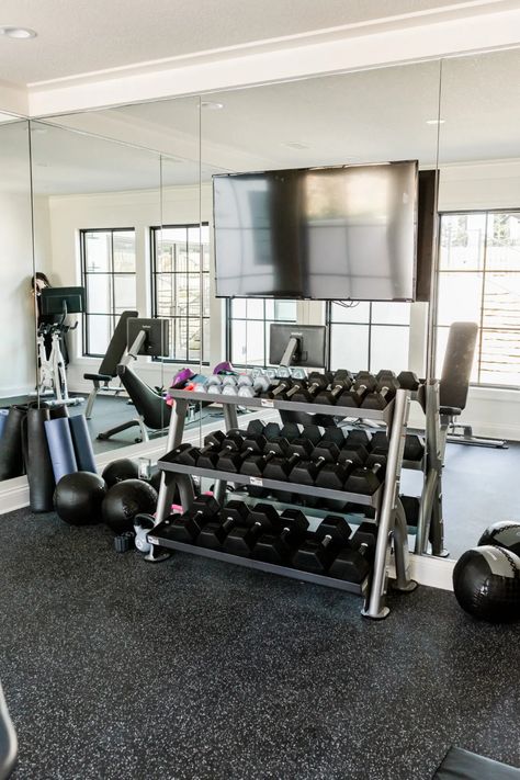 Our Home Gym - Cella Jane White Home Gym, Home Gym Mirrors, Home Gym Basement, Home Gym Flooring, Home Nails, Space Organization, Gym Mirrors, Basement Gym, Nails Home