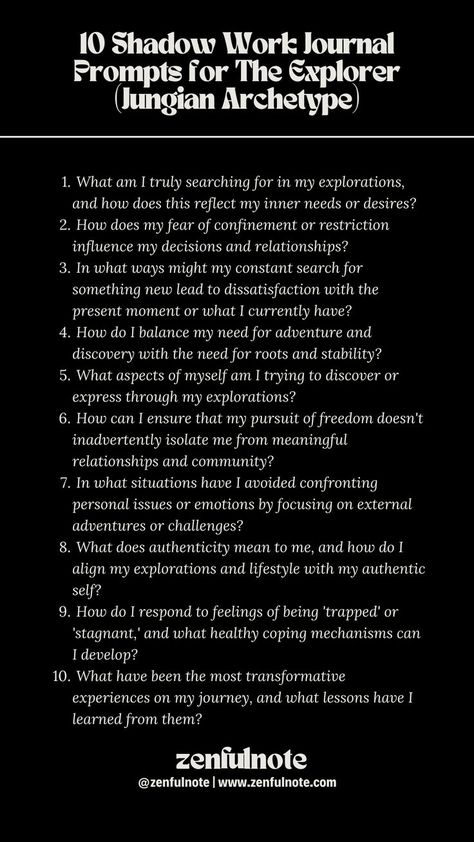 For those who resonate with the Explorer archetype, characterized by a love for adventure, discovery, and a deep-seated desire for freedom and authenticity, shadow work can offer insights into their quest for self and the world around them. Engaging with these questions allows individuals aligned with the Explorer archetype to navigate their path with greater self-awareness, balancing their thirst for adventure with the cultivation of deeper connections and personal growth. Explorer Archetype, Shadow Archetype, Shadow Work Journal Prompts, Work Journal Prompts, Jungian Archetypes, Shadow Work Journal, Jungian Psychology, Work Journal, Computer Shortcuts