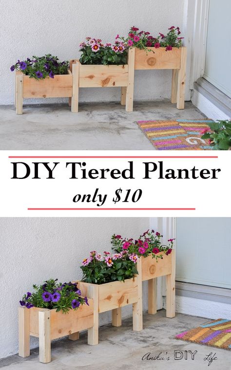 Easy DIY Tiered planter for $10! Diy Tiered Planter, Diy Wooden Planters, Projek Diy, Projek Kayu, Taman Diy, Planter Box Plans, Tiered Planter, Tanaman Pot, Wooden Planter