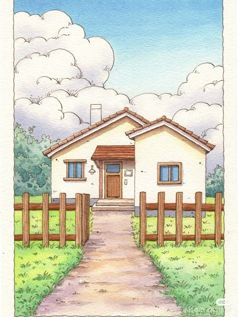 Easy Seanery Drawing, Sketch House Simple, Aesthetic Scenery Drawing, Simple House Sketch, Simple Landscape Drawing, Easy Scenery Painting, Scenery Drawing Easy, Beautiful Scenery Drawing, Easy Scenery