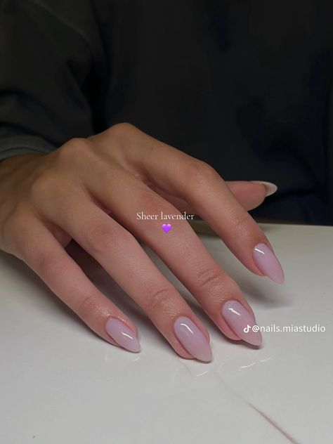 Dipped Nails Ideas Almond Shape, Lavender Ombre Nails Almond, Sheer Nail Ideas, Nail Designs Spring 2024, Baby Pink Cat Eye Nails, Sheer Lavender Nails, Nails Inspo Purple, Sheer Pink Nails, Sheer Nails