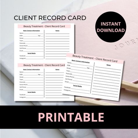 Printable Client Record Card for Beauty Professionals I Client Client Record Cards Beauty, Client Record Card, Direct Sales Planner, Record Card, Esthetician Business, Food Business Card, Client Profile, Report Card Template, Card Png