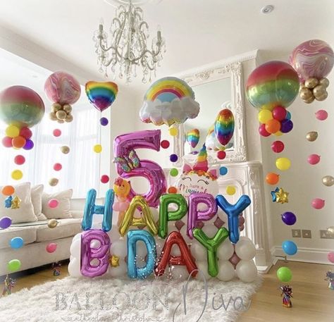 4 Birthday Decoration Ideas, High Chair Balloons, Art Birthday Decorations, Front Yard Birthday Decorations Diy, Rainbow Birthday Balloons, Dining Room Birthday Party Decor, Balloon Decor No Helium, Toddler Rainbow Birthday Party, Rainbow Bday Party Ideas